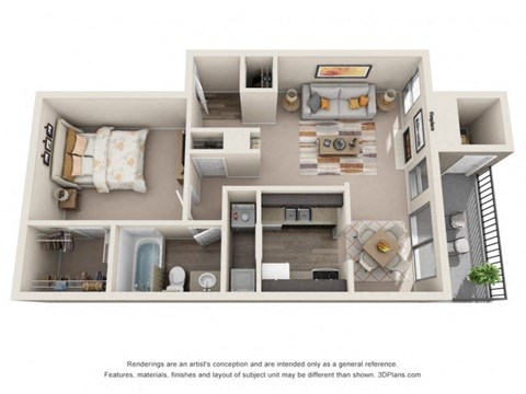 a 3d floor plan of a 1 bedroom apartment